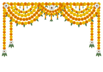 Marigold flower garland decoration backdrop for wedding decor, Happy Diwali, Indian Holiday festival background