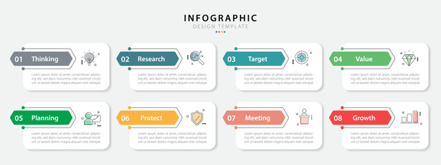 Timeline Creator infographic template. 8 Step timeline journey, calendar Flat simple infographics design template. presentation graph. Business concept with 8 options, gantt vector illustration.