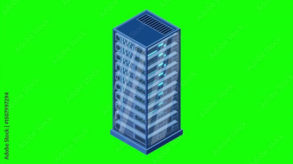 Poster isometric server animation. network server room. 3d computer equipment. storage database. isometric 