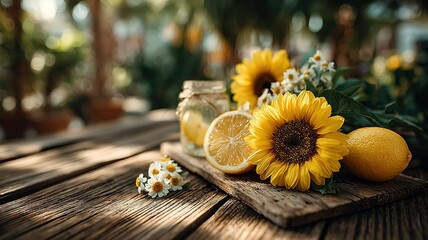 Fresh sunflowers and citrus slices on a rustic wooden table, radiating summer warmth and natural vibrancy.
