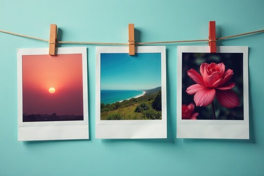 Close-up of three pinned polaroids; varied angles, illustration, object, film