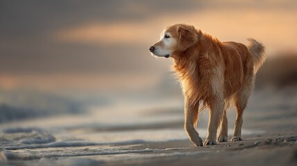 Golden retriever strolling in sunset light, side profile with soft fur, warm glow. Peaceful moment of canine grace.	