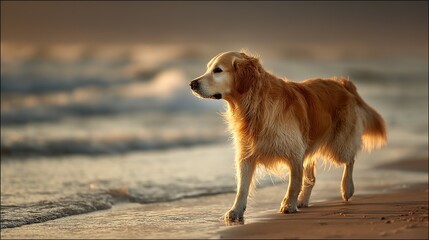 Golden retriever strolling in sunset light, side profile with soft fur, warm glow. Peaceful moment of canine grace.	