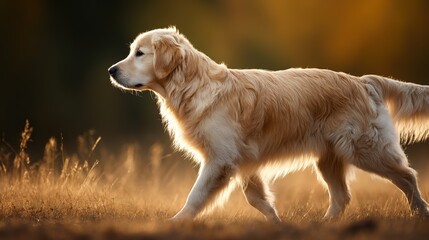 Golden retriever strolling in sunset light, side profile with soft fur, warm glow. Peaceful moment of canine grace.	