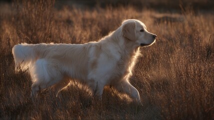 Golden retriever strolling in sunset light, side profile with soft fur, warm glow. Peaceful moment of canine grace.	