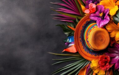 Colorful sombrero surrounded by flowers and leaves