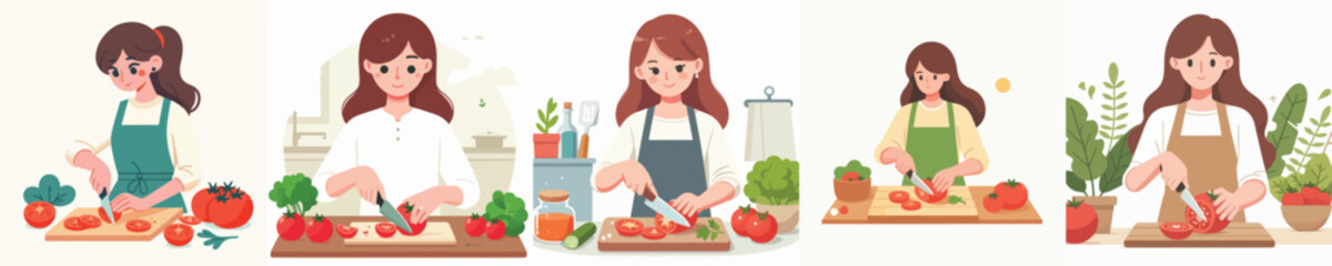 collection of vectors of women cutting tomatoes