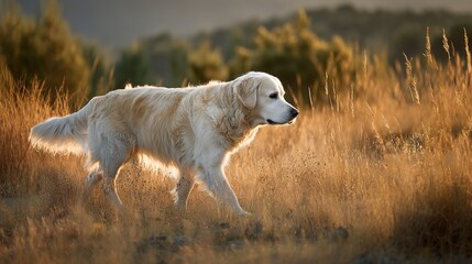 Golden retriever strolling in sunset light, side profile with soft fur, warm glow. Peaceful moment of canine grace.	