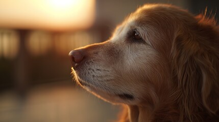 Golden retriever strolling in sunset light, side profile with soft fur, warm glow. Peaceful moment of canine grace.	