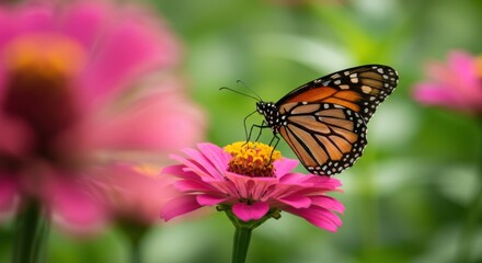 ピンク色の花にとまる蝶のマクロ撮影