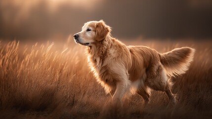 Golden retriever strolling in sunset light, side profile with soft fur, warm glow. Peaceful moment of canine grace.	