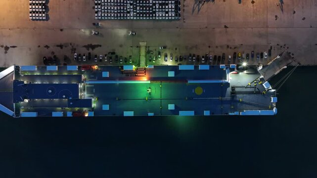 Aerial view Ro Ro ship and new cars at industrial port import export sea freight, New cars shipping logistic retailer dealership, Ro Ro ship sea freight logistic new cars automotive industry business.
