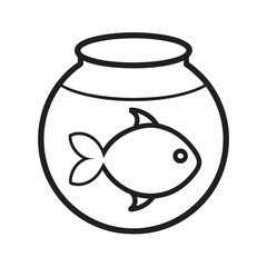 Simple black and white illustration of a fish swimming inside a round fish bowl