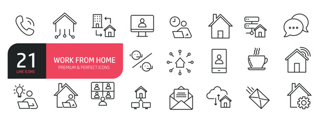 Set of line icons related to freelance, collaboration, remote work, home WiFi. Outline icons collection. Editable stroke. Vector illustration.