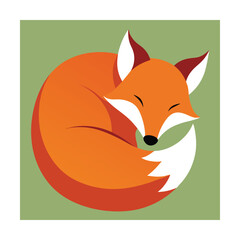 Obraz premium Adorable cartoon illustration of a curled up sleeping fox against a green backdrop for design.