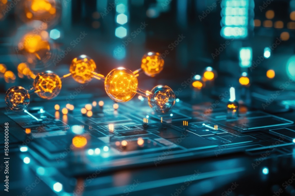 Poster glowing molecule structure on a circuit board with blue and orange lights in the background
