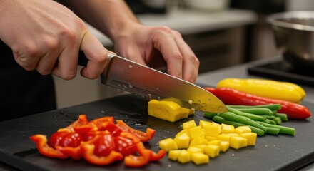 料理人が野菜をまな板の上で切るクローズアップ写真