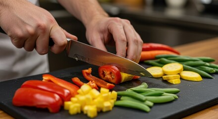 野菜をカットする男性の手元、キッチンでの料理の準備