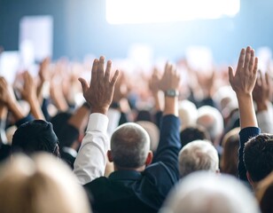 A large crowd of people raise their hands in unison, viewed from behind
