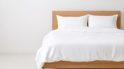 Linen bedding on wooden surface, showcasing a stylish and serene interior design in white tones.
