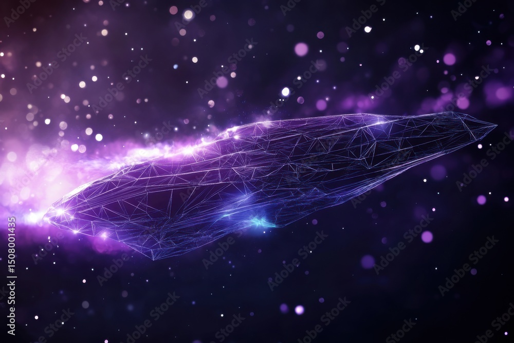 Aufkleber a futuristic wireframe spaceship flying through a purple nebula with blurred bokeh effects around it