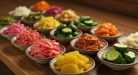 様々な色の日本の漬物、木製のテーブルの上に並んだ浅漬けの盛り合わせ