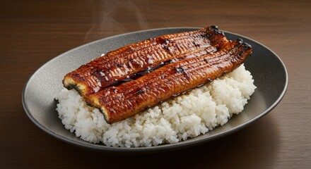 うな重、鰻の蒲焼きとご飯を盛り付けた熱々の和食料理