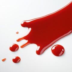 A vibrant splash of red sauce creates an artistic culinary scene on a white surface.