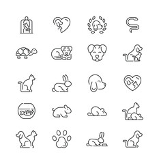Black outline icons of assorted pets birds dogs rabbits snakes turtles cats fish hamsters guinea pigs mice and paw print