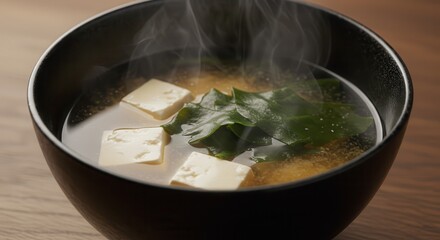 湯気の立つ味噌汁、豆腐とワカメ入り