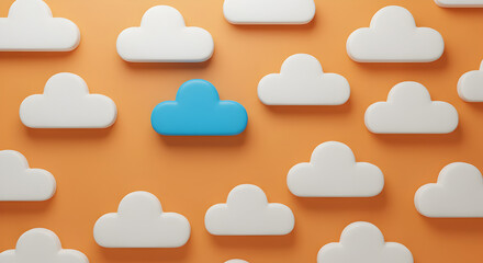 Unique Cyan Cloud Among Many White Clouds on a Warm Orange Background Depicting Individuality