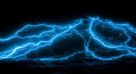 Abstract Blue Electric Lightning Storm Over Dark Water Background