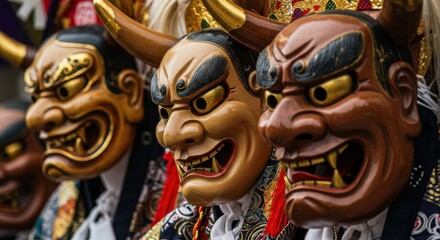 日本の伝統的な鬼の面、文化的な祭りやイベントの背景素材として