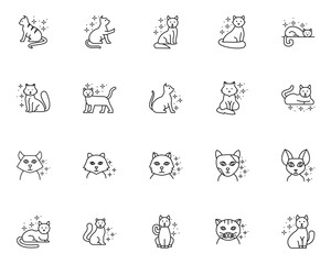 Black outlined simplistic cats interspersed with starbursts depicted in 5x4 grid formation