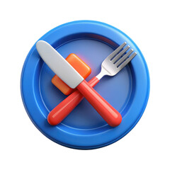 Fototapeta premium Fork and Knife with Red Handles Crossed on Blue Plate 3d icon in cartoon plastic style minimal isolated on transparent white background, clipping path
