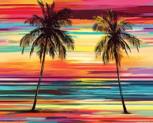 Colorful sunset beach scene with palm trees