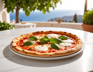 Pizza on a patio overlooking the sea