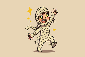 A happy child in a mummy costume waving with unraveling bandages, full of energy.
