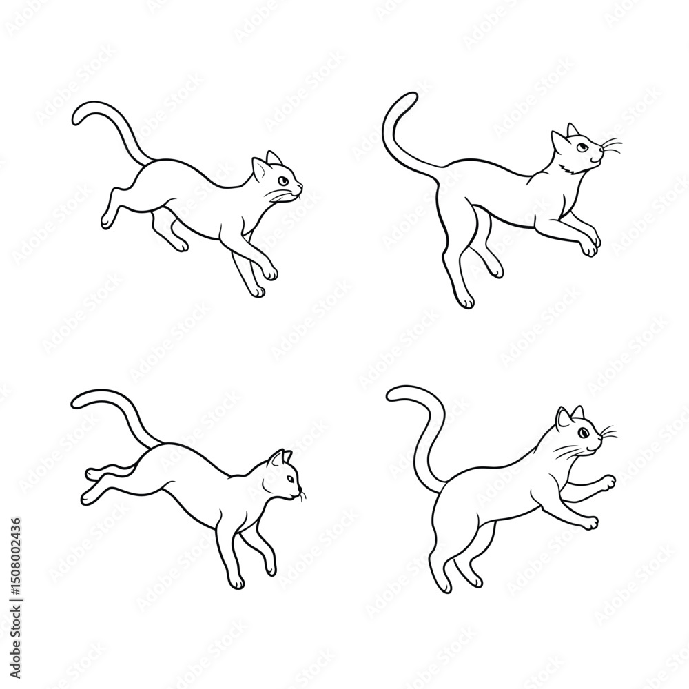 Poster four linedrawing cat illustrations showcase different poses in a white minimalistic setting