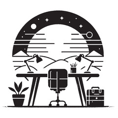 Vector Silhouette of Table with Mountain View | Clean Furniture Outline on White Background