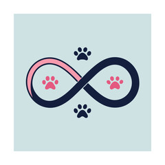 Infinity symbol intertwined with pink and navy blue paw prints representing pet love forever