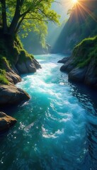 Sunlight dances on swirling, sapphire river, creating vibrant whirlpools , magical, color, nature