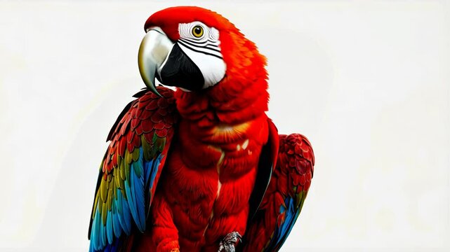 Vibrant red macaw parrot standing against a light background  