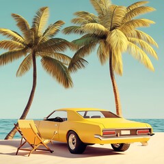 Yellow classic car parked on a beach beneath palm trees.
