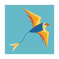 Colorful cartoon bird soaring through the sky depicted in simplified modern geometric style