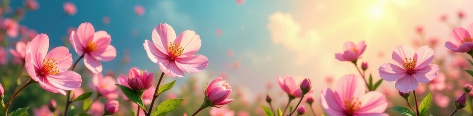 Fototapeta premium Blossoming flowers dance in a spring breeze, rainbow backdrop , garden, field