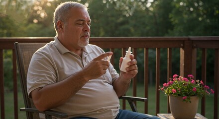 Elderly man examining medicine bottle while sitting on porch in evening  