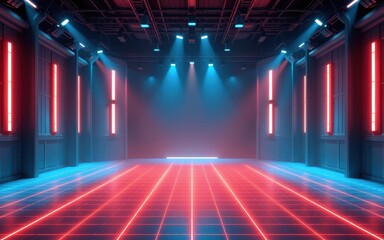Empty cartoon game background. Futuristic stage with neon lights and grid pattern flooring.