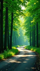 Obraz premium Emerald canopy arches over a curving road, sunlight dappling the forest floor , scenic, leaves
