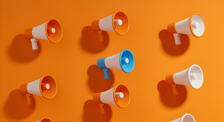 Vibrant Orange Background Featuring Multiple Orange and White Megaphones with One Blue Megaphone Casting Dynamic Shadows